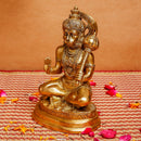 Brass Hanuman Murti Idol | Sitting Statue With Gada | Gold | 14 cm