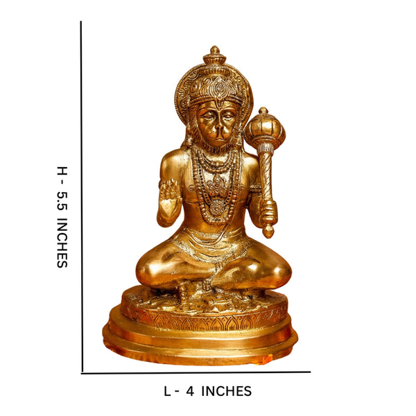 Brass Hanuman Murti Idol | Sitting Statue With Gada | Gold | 14 cm