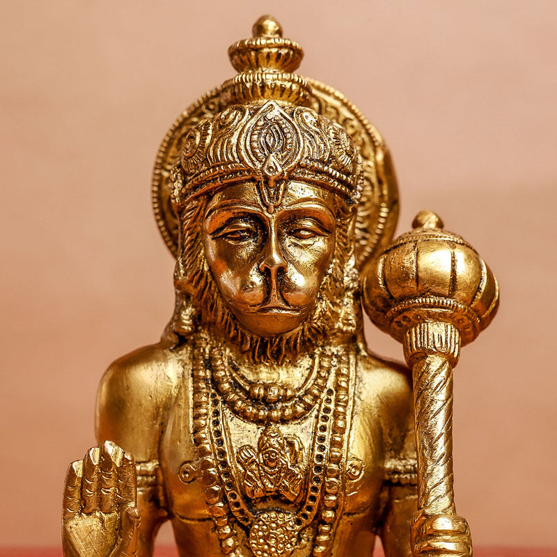 Brass Hanuman Murti Idol | Sitting Statue With Gada | Gold | 14 cm