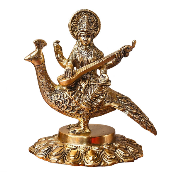 Brass Saraswati Idol | Sitting On Peacock | Gold | 17 cm