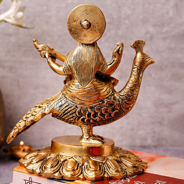 Brass Saraswati Idol | Sitting On Peacock | Gold | 17 cm