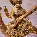 Brass Saraswati Idol | Sitting On Peacock | Gold | 17 cm