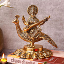 Brass Saraswati Idol | Sitting On Peacock | Gold | 17 cm