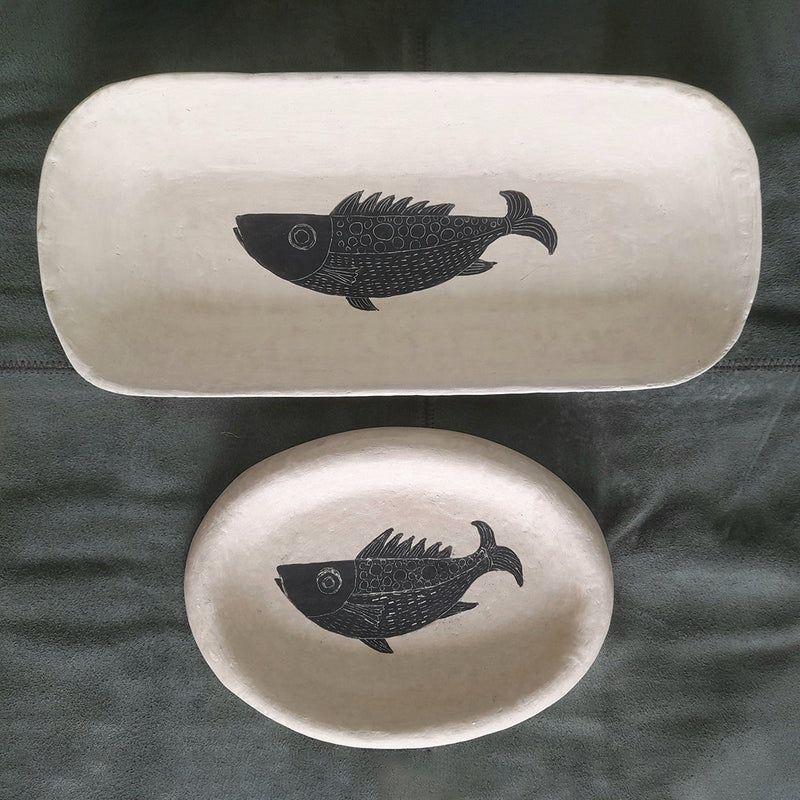 Paper-Maiche Serving Platter | Fish Design | Off White | Set of 2