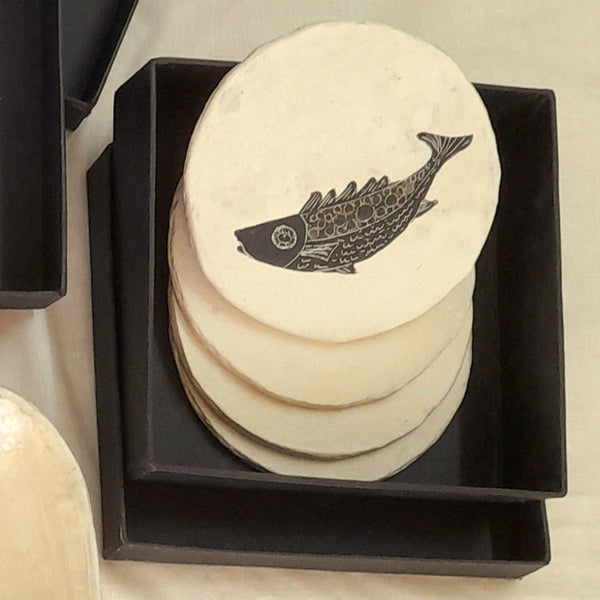 Paper-Maiche Serving Platter with Coasters | Fish Design | Off-White
