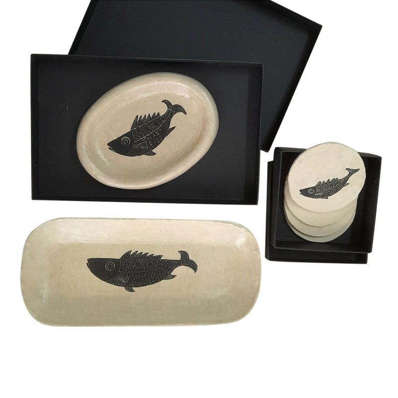 Paper-Maiche Serving Platter with Coasters | Fish Design | Off-White