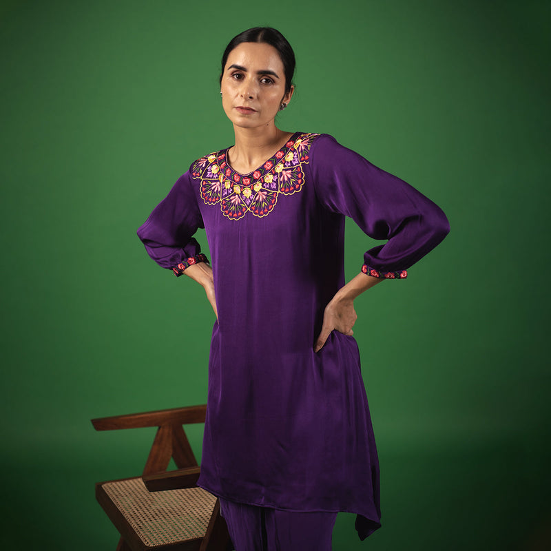 Modal Satin Kurta Dhoti Set for Women | Plum Purple