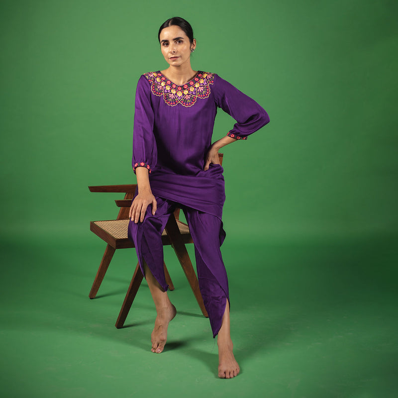 Modal Satin Kurta Dhoti Set for Women | Plum Purple