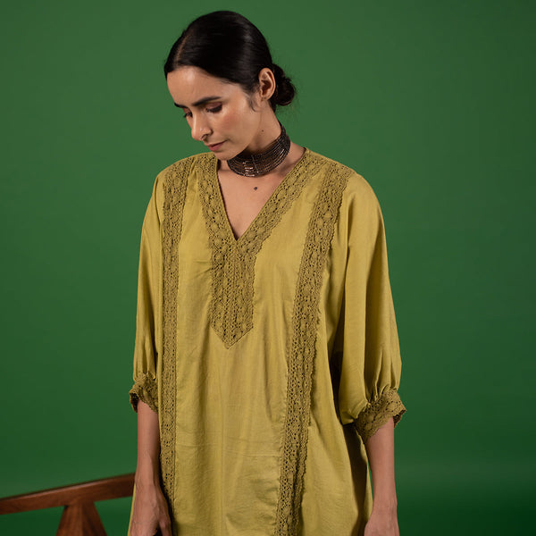 Organic Cotton Kaftan Set for Women | Embellished with Croatia Laces | Lime