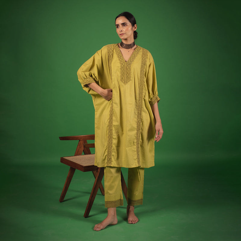 Organic Cotton Kaftan Set for Women | Embellished with Croatia Laces | Lime