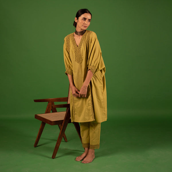 Organic Cotton Kaftan Set for Women | Embellished with Croatia Laces | Lime