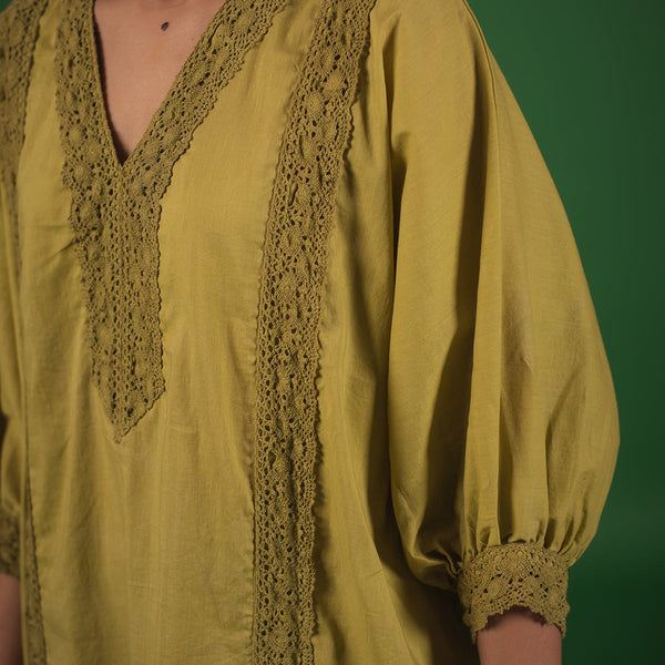 Organic Cotton Kaftan Set for Women | Embellished with Croatia Laces | Lime