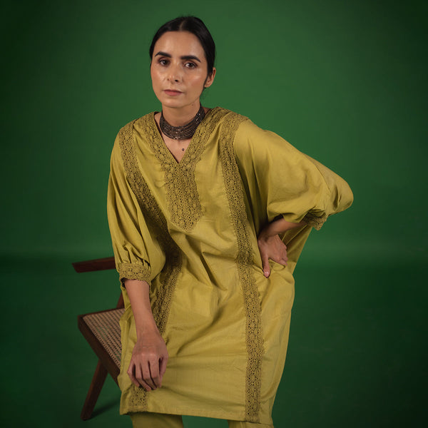 Organic Cotton Kaftan Set for Women | Embellished with Croatia Laces | Lime