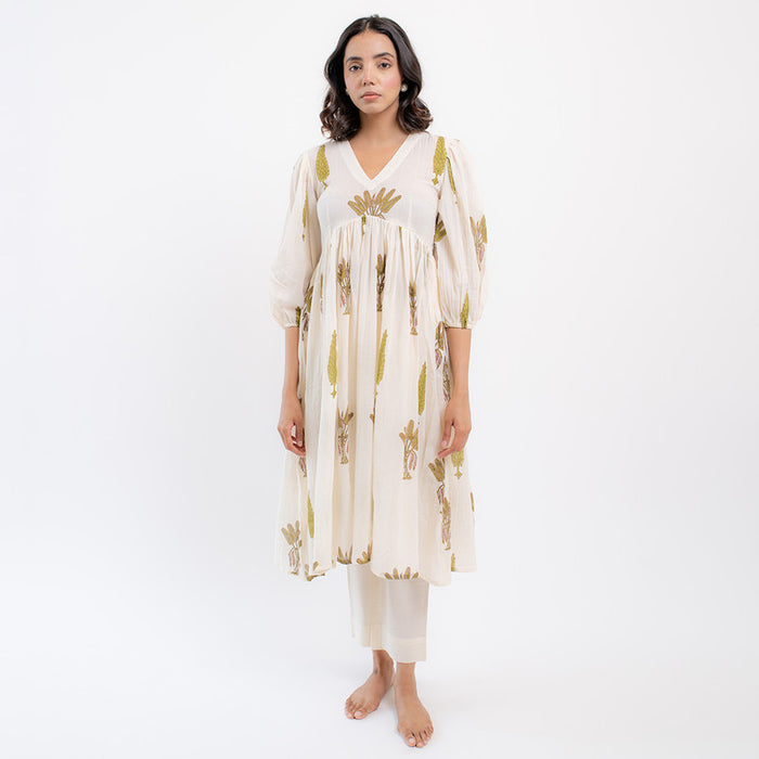 Gauze Cotton Flared Kurta Set | Handblock Print | Ivory