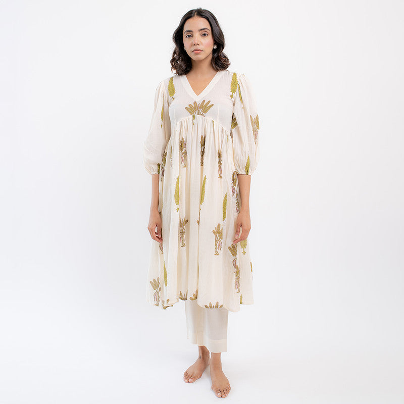 Gauze Cotton Flared Kurta Set | Handblock Print | Ivory