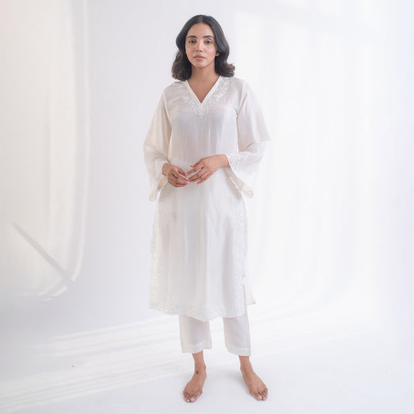 Women Uppada Silk Kurta Set | Embroidered | Ivory