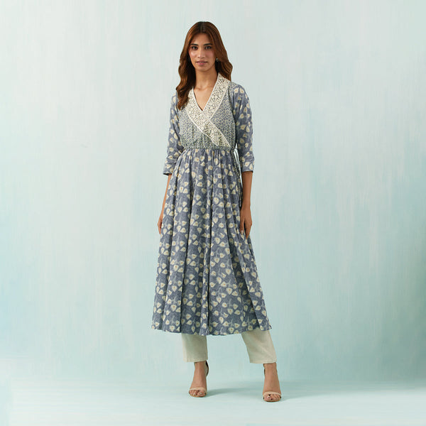 Cotton Angrakha Kurta for Women | Embroidered Collar | Grey & Off-White