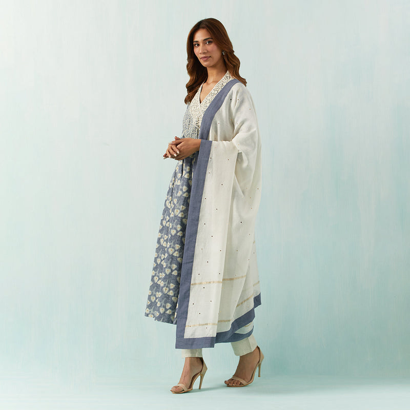 Cotton Angrakha Kurta for Women | Embroidered Collar | Grey & Off-White