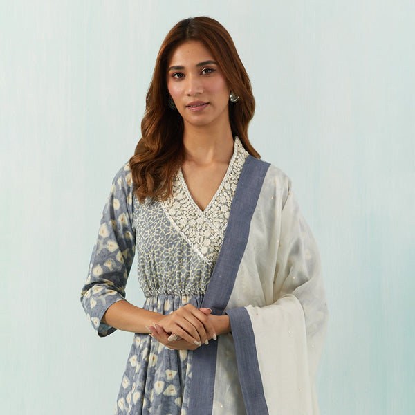 Cotton Angrakha Kurta for Women | Embroidered Collar | Grey & Off-White