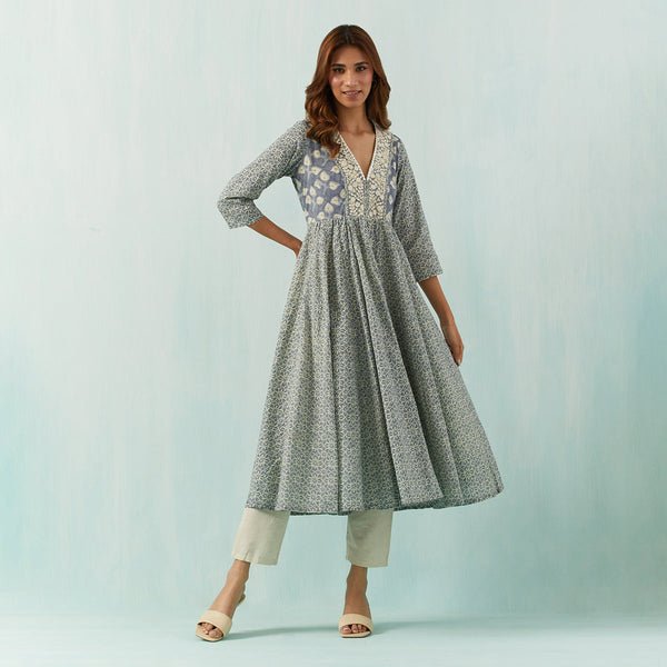 Cotton Anarkali Kurta for Women | Embroidered Neck | Grey & Off-White