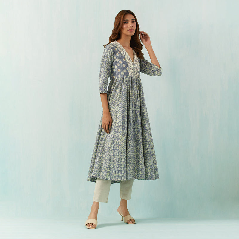 Cotton Anarkali Kurta for Women | Embroidered Neck | Grey & Off-White