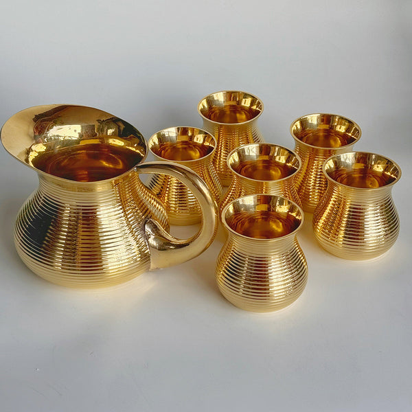 Brass Jug and Glasses Set | Matki Shape | Gold | 7 Pcs