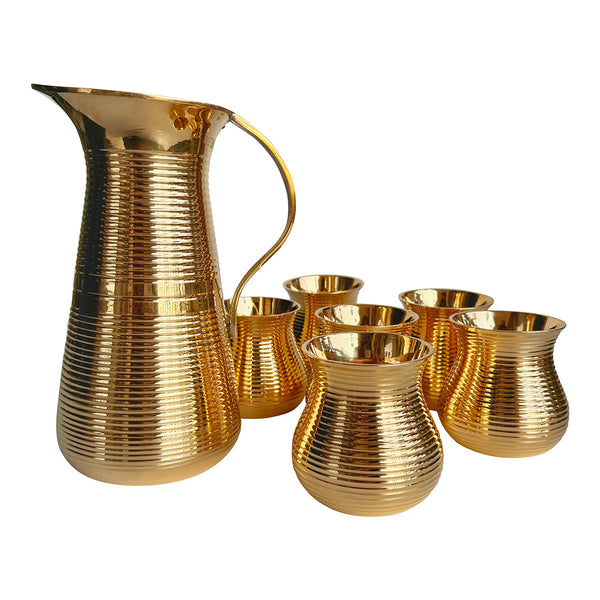 Brass Jug and Glasses Set | Gold | 7 Pcs