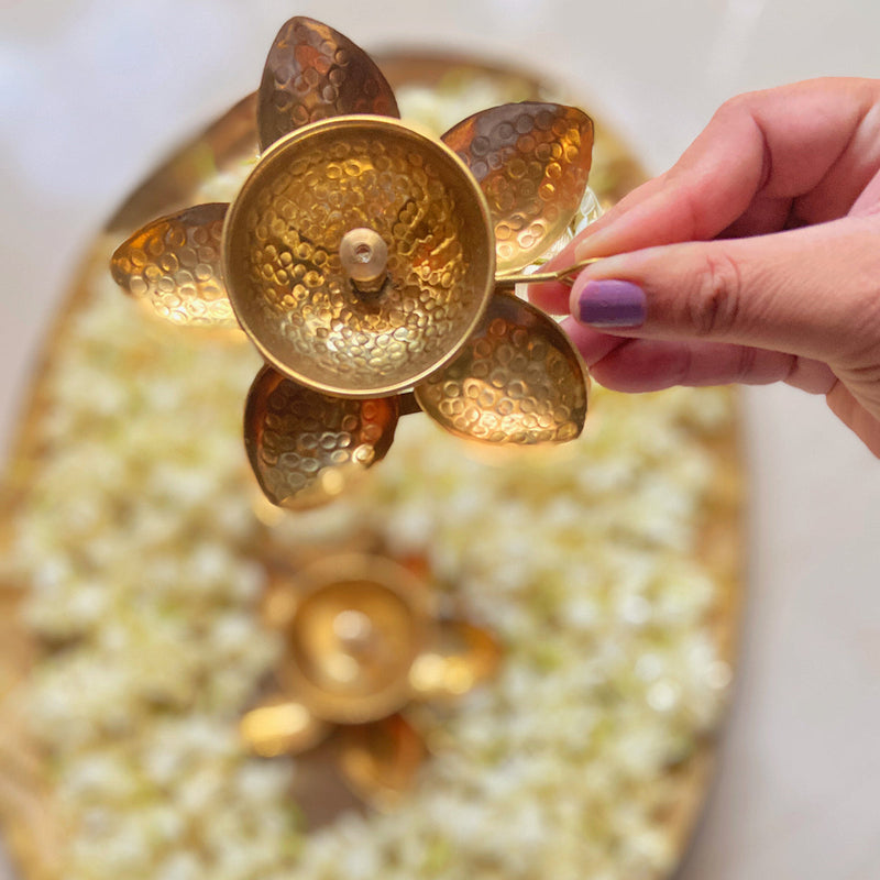 Brass Diya | Floral Hammered Design | Gold | 12 cm