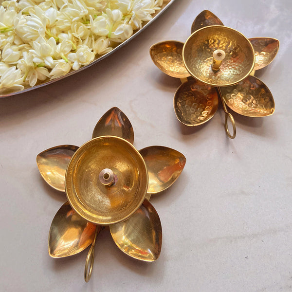 Brass Diya | Floral Hammered Design | Gold | 12 cm