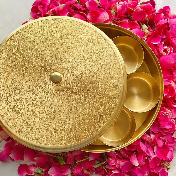 Brass Masala Box | 7 Spice Containers | Gold | 8 inches