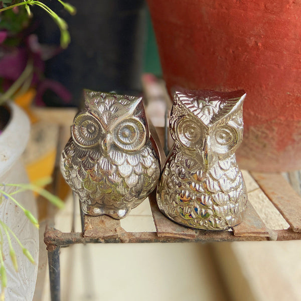 Aluminium Figurines | Golden Owl Design | Antique Finish | Set of 2