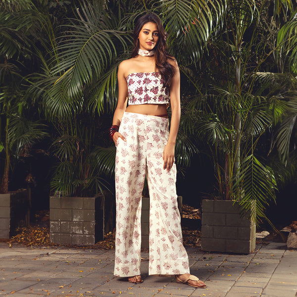 Kala Cotton Co-Ord Set For Women | Crop Top & Long Pant | Rose Printed | Red