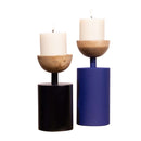 Wedding Gifts | Pillar Candle Holder | Iron & Wood | Blue & Black | Set of 2