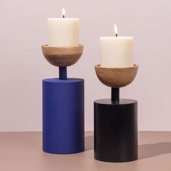 Wedding Gifts | Pillar Candle Holder | Iron & Wood | Blue & Black | Set of 2