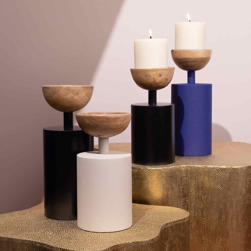 Festive Gifts | Pillar Candle Holder | Iron & Wood | Blue & Black | Set of 2
