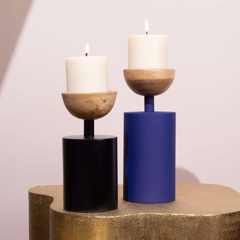 Wedding Gifts | Pillar Candle Holder | Iron & Wood | Blue & Black | Set of 2