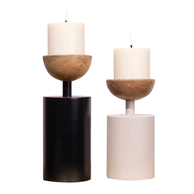 Festive Gifts | Pillar Candle Holder | Iron & Wood | Ivory & Black | Set of 2