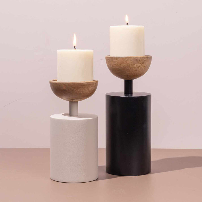 Festive Gifts | Pillar Candle Holder | Iron & Wood | Ivory & Black | Set of 2