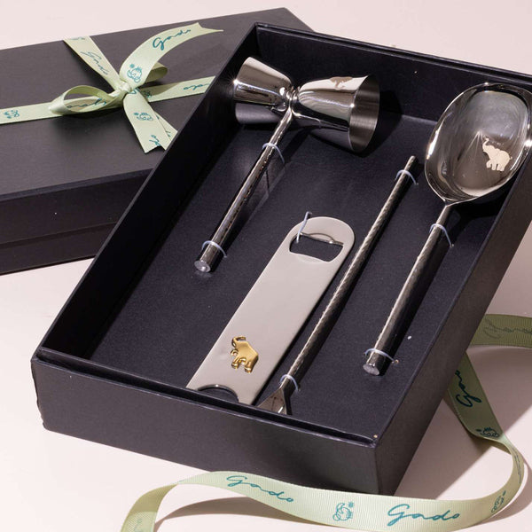 Festive Gift Box | Bar Tool Set | Stainless Steel & Brass | Silver &  Gold | Set of 4