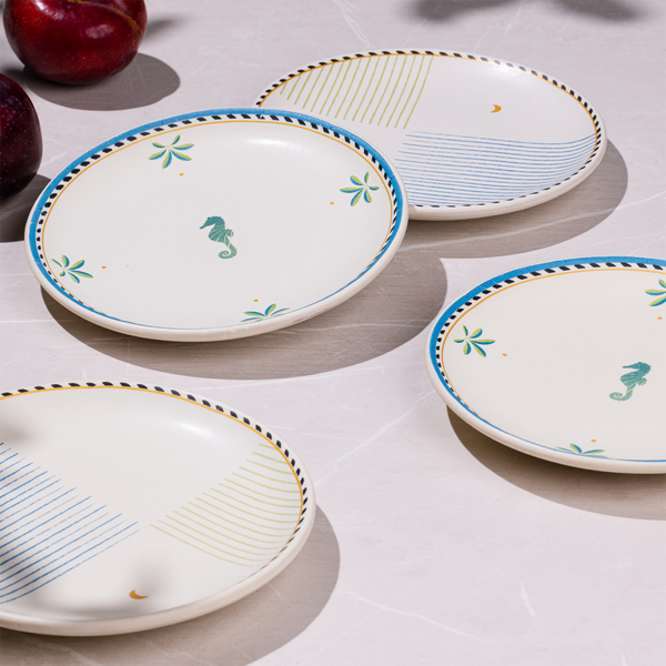 Ceramic Snacks Plates | Ivory & Green | 15 cm | Set of 4