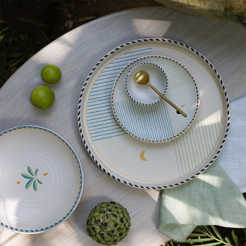 Ceramic Snacks Plates | Ivory & Green | 15 cm | Set of 4
