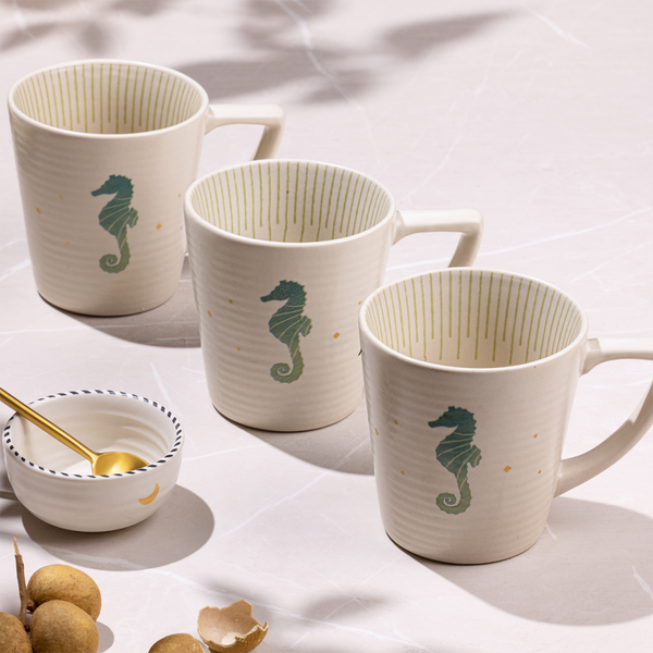 Ceramic Coffee Mugs | Ivory & Teal | 12 cm | Set of 2