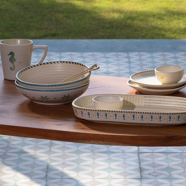 Ceramic Serving Platter | Ivory & Teal | 31 cm