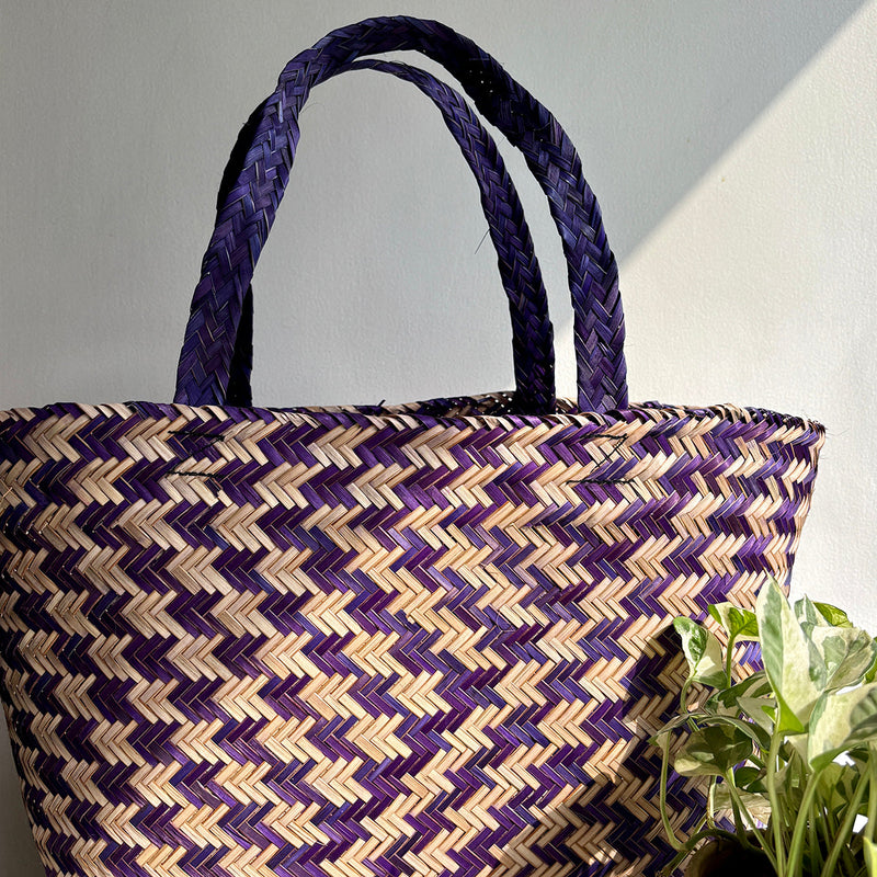 Natural Grass Tote Bag | Water Reed | Purple & Beige