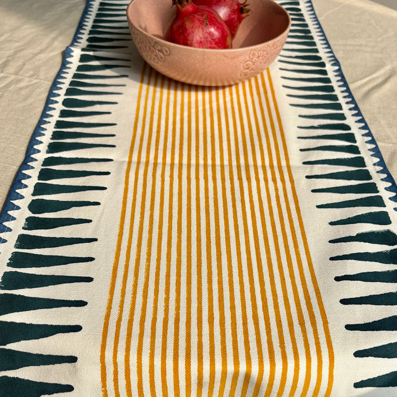 Cotton Dining Table Runner | Geometric Design | Blue & Mustard Yellow
