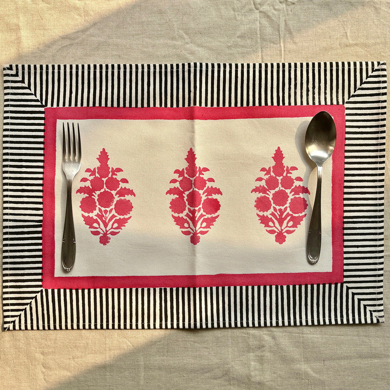 Cotton Table Mats | Place Mats | Floral Print | Black & Pink | Set of 2