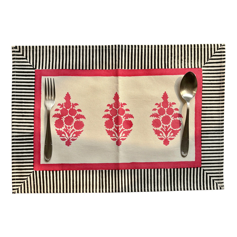 Cotton Table Mats | Place Mats | Floral Print | Black & Pink | Set of 2