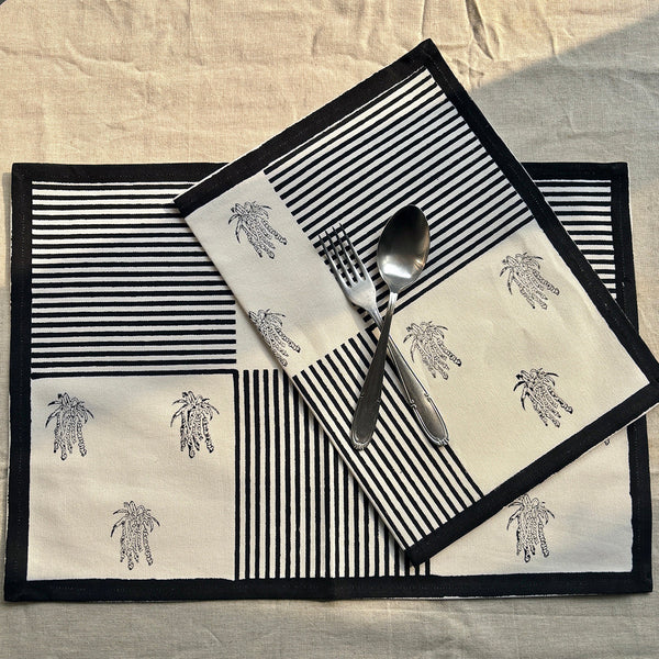 Cotton Table Mats | Place Mats | Striped | Black & Off-White | Set of 2