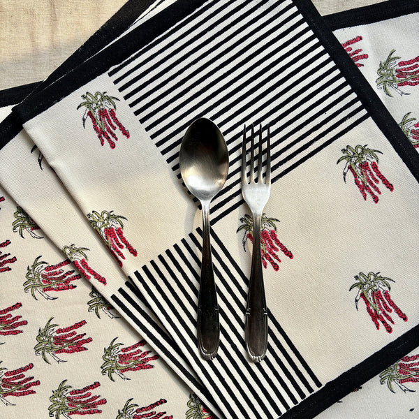 Cotton Table Mats | Place Mats | Striped | Black & Red | Set of 2