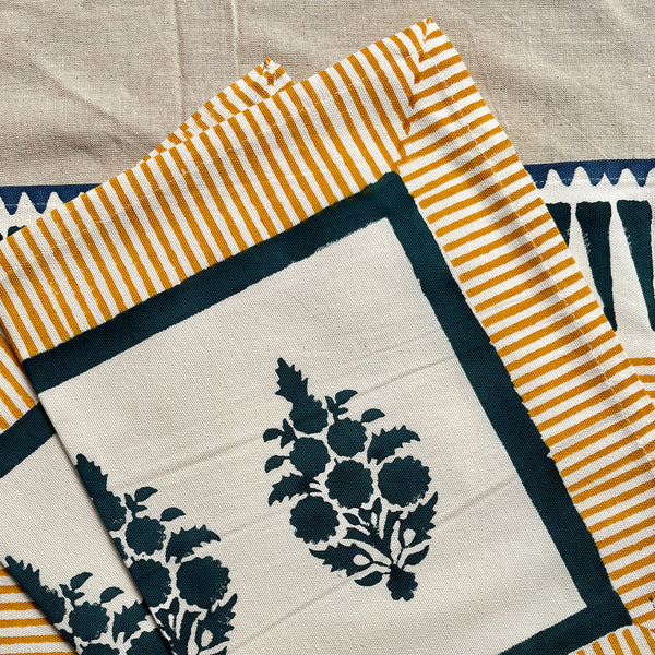 Cotton Table Mats | Place Mats | Floral Design | Blue & Mustard Yellow | Set of 2